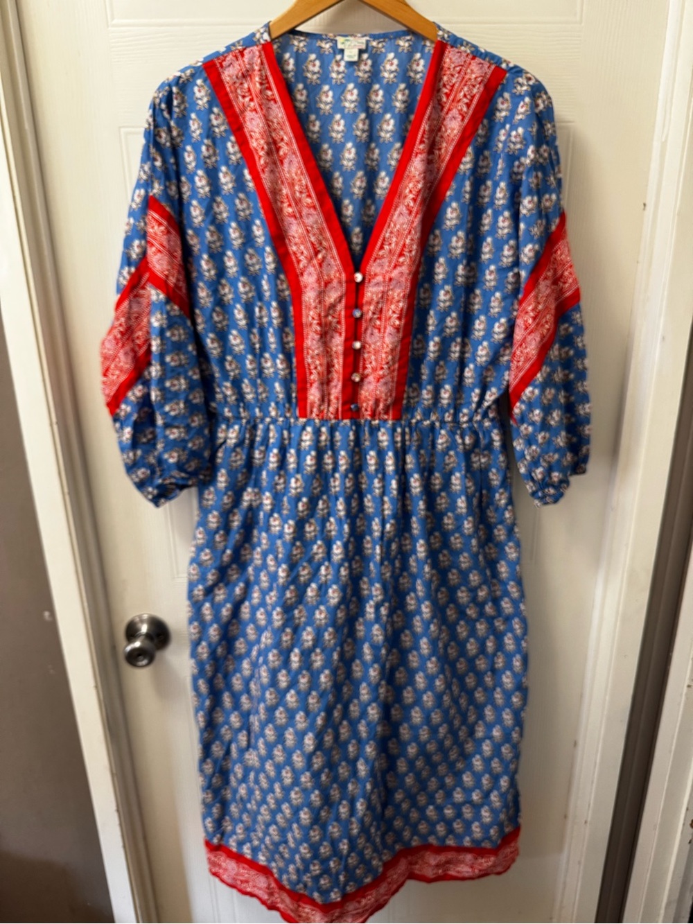 J. Crew Blue Floral Midi Dress with Red Trim